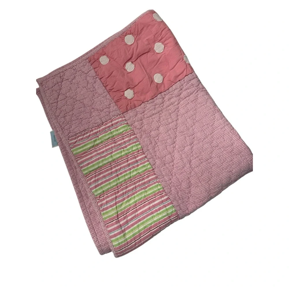 Crate‎ & Barrel Land Of Nod Pink Gingham Stripe Polka Dots Baby Girls Crib Quilt